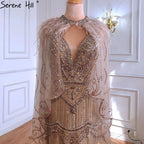 Vestido de noche sexy estilo sirena con escote en V morado de Dubái 2025, sin mangas, con chal, hilo y plumas, vestido formal LA70171A 