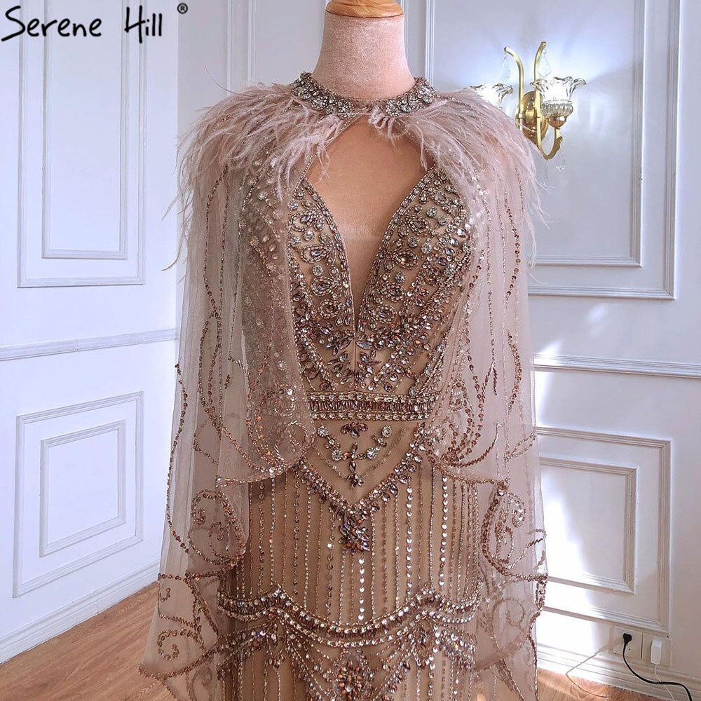 Vestido de noche sexy estilo sirena con escote en V morado de Dubái 2025, sin mangas, con chal, hilo y plumas, vestido formal LA70171A 