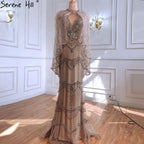 Vestido de noche sexy estilo sirena con escote en V morado de Dubái 2025, sin mangas, con chal, hilo y plumas, vestido formal LA70171A 