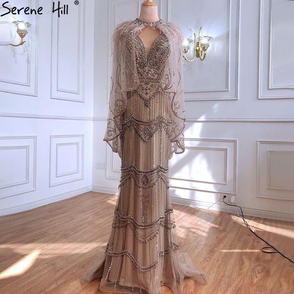 Vestido de noche sexy estilo sirena con escote en V morado de Dubái 2025, sin mangas, con chal, hilo y plumas, vestido formal LA70171A 