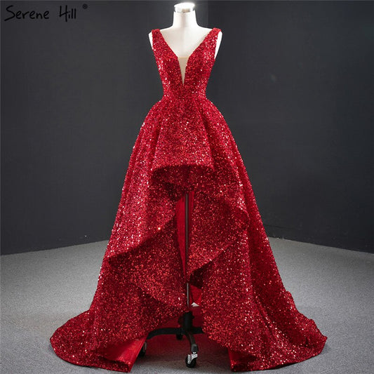 Dubai Rot Tief-V Luxus Sexy Abendkleider 2025 Ärmellose Pailletten Asymmetrische Formale Kleid HM67126 