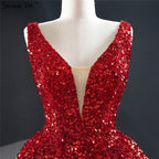Vestido de noche sexy de lujo con escote en V profundo en rojo de Dubái 2025, sin mangas, con lentejuelas, asimétrico, formal, HM67126 