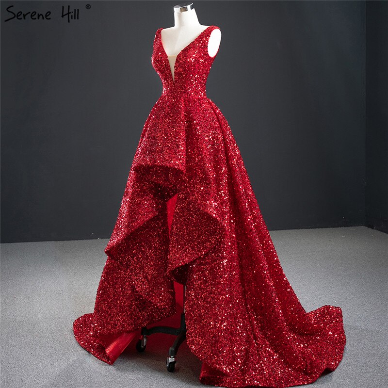 Vestido de noche sexy de lujo con escote en V profundo en rojo de Dubái 2025, sin mangas, con lentejuelas, asimétrico, formal, HM67126 