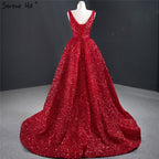 Vestido de noche sexy de lujo con escote en V profundo en rojo de Dubái 2025, sin mangas, con lentejuelas, asimétrico, formal, HM67126 