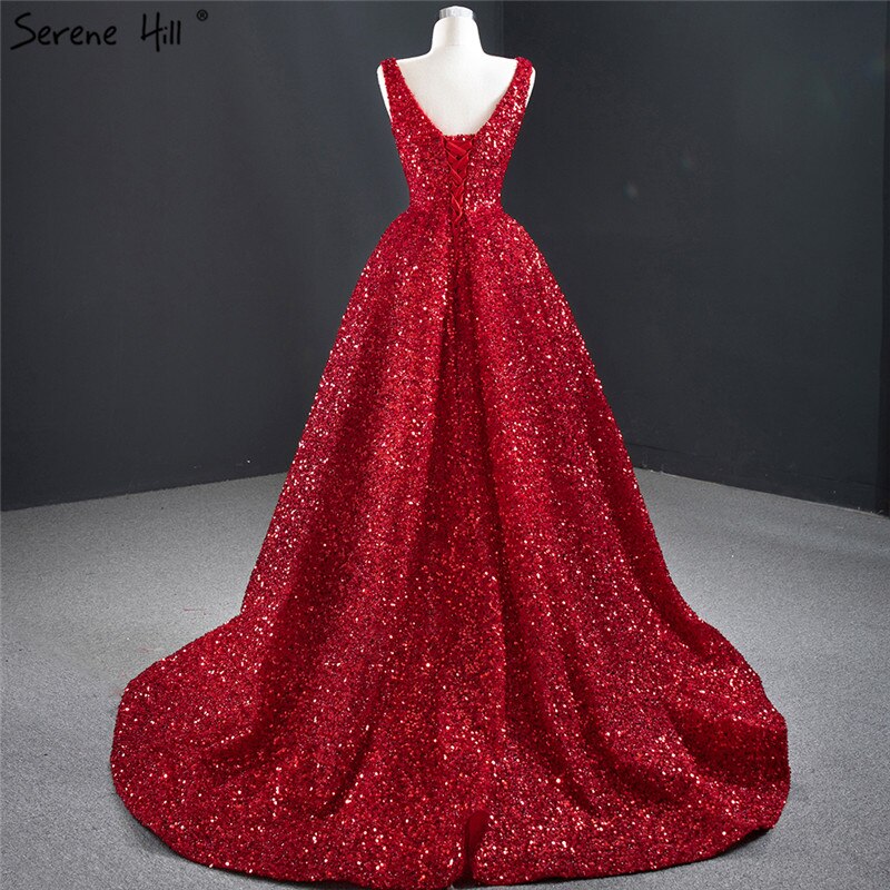 Dubai Rot Tief-V Luxus Sexy Abendkleider 2025 Ärmellose Pailletten Asymmetrische Formale Kleid HM67126 