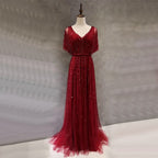 Vestido de noche sexy de lujo rojo de Dubái, corte A, 2025, mangas cortas, con cuentas y cristales, diseño formal, foto real LA70458 