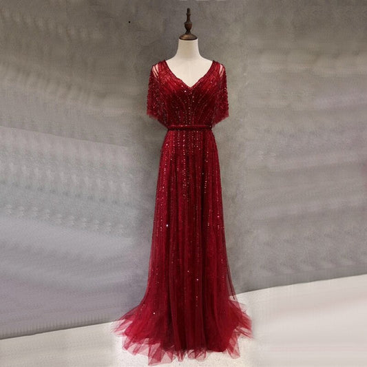 Vestido de noche sexy de lujo rojo de Dubái, corte A, 2025, mangas cortas, con cuentas y cristales, diseño formal, foto real LA70458 