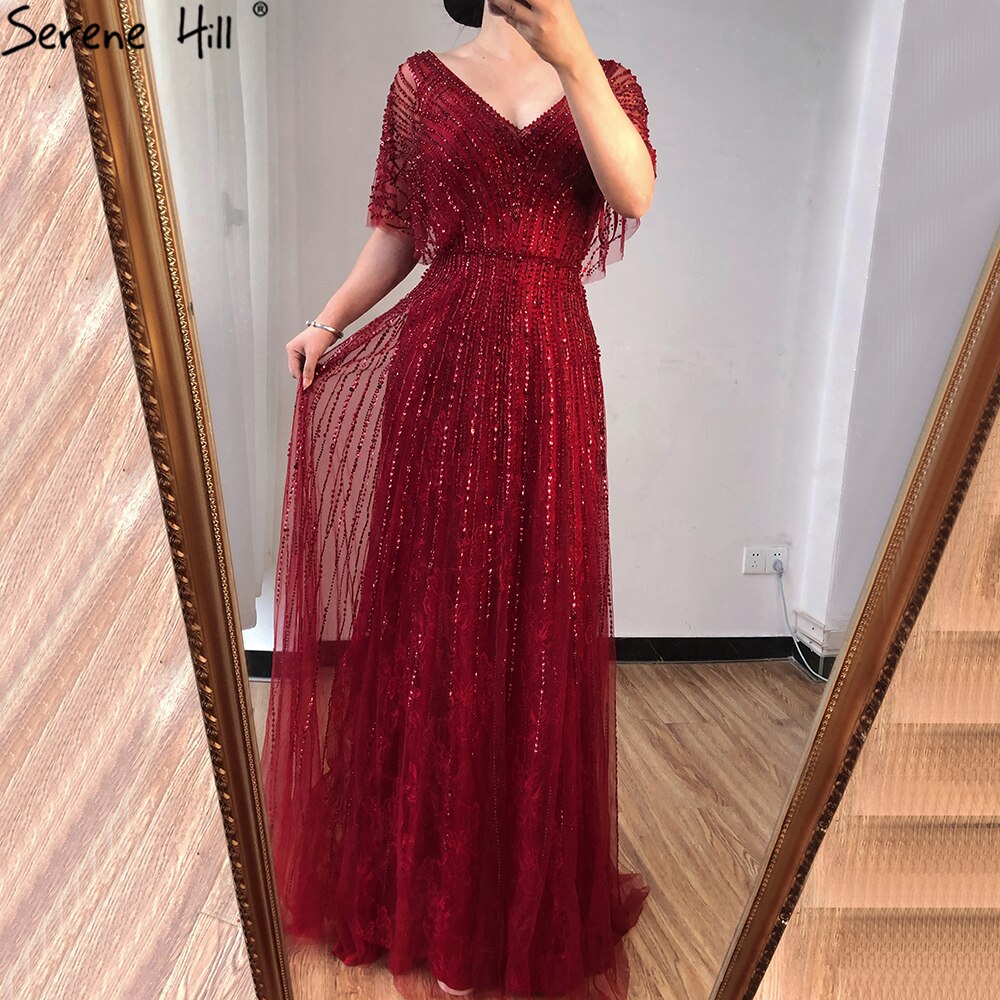 Vestido de noche sexy de lujo rojo de Dubái, corte A, 2025, mangas cortas, con cuentas y cristales, diseño formal, foto real LA70458 