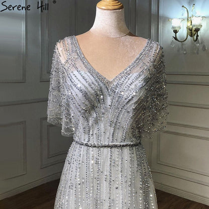 Vestido de noche sexy de lujo rojo de Dubái, corte A, 2025, mangas cortas, con cuentas y cristales, diseño formal, foto real LA70458 