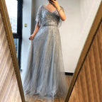Vestido de noche sexy de lujo rojo de Dubái, corte A, 2025, mangas cortas, con cuentas y cristales, diseño formal, foto real LA70458 