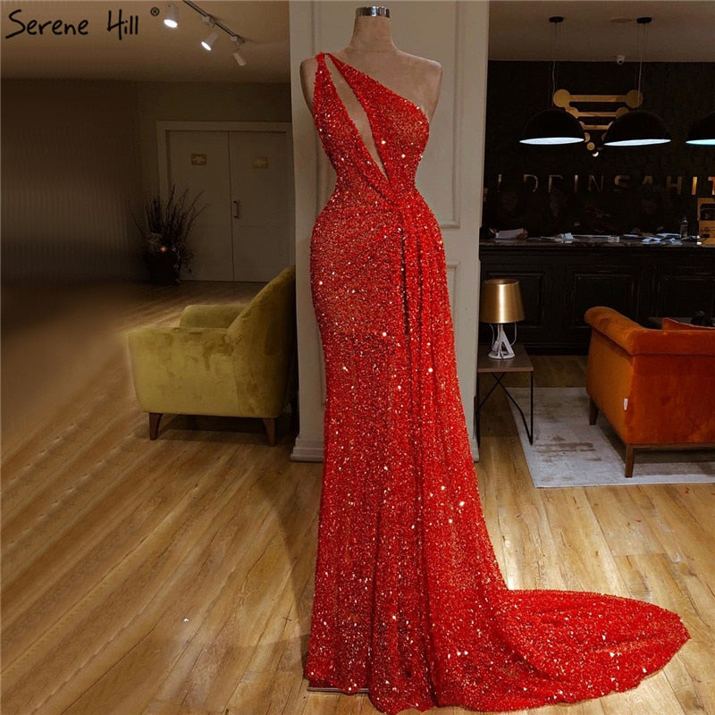 Vestido de noche sexy de sirena con un solo hombro, color rojo, estilo Dubái, con lentejuelas y cuentas, vestido formal de lujo LA70297 