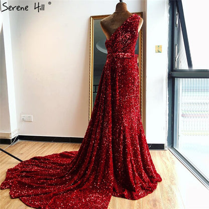Dubai Red One Shoulder Sexy Abendkleider 2025 Meerjungfrau Perlen Pailletten Luxus Formale Kleid LA70297 