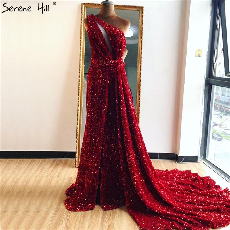 Vestido de noche sexy de sirena con un solo hombro, color rojo, estilo Dubái, con lentejuelas y cuentas, vestido formal de lujo LA70297 