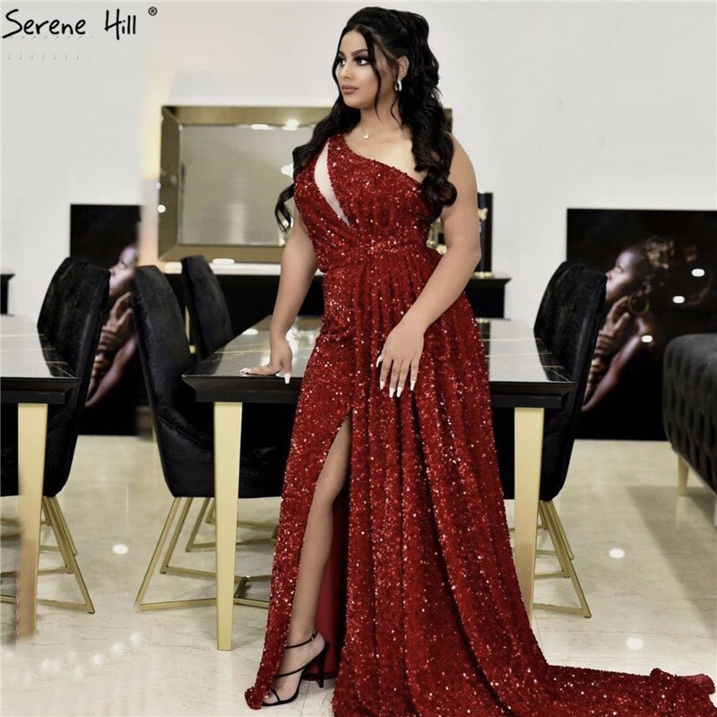 Vestido de noche sexy de sirena con un solo hombro, color rojo, estilo Dubái, con lentejuelas y cuentas, vestido formal de lujo LA70297 