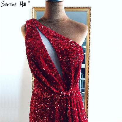 Dubai Red One Shoulder Sexy Abendkleider 2025 Meerjungfrau Perlen Pailletten Luxus Formale Kleid LA70297 