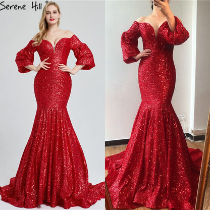 En oferta, sin devolución ni reembolso. Vestidos de noche sexys de Dubái con lentejuelas rojas y hombros descubiertos. Último diseño 2025. Vestidos de noche de lujo de manga larga estilo sirena LA60993.