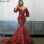 En oferta, sin devolución ni reembolso. Vestidos de noche sexys de Dubái con lentejuelas rojas y hombros descubiertos. Último diseño 2025. Vestidos de noche de lujo de manga larga estilo sirena LA60993.