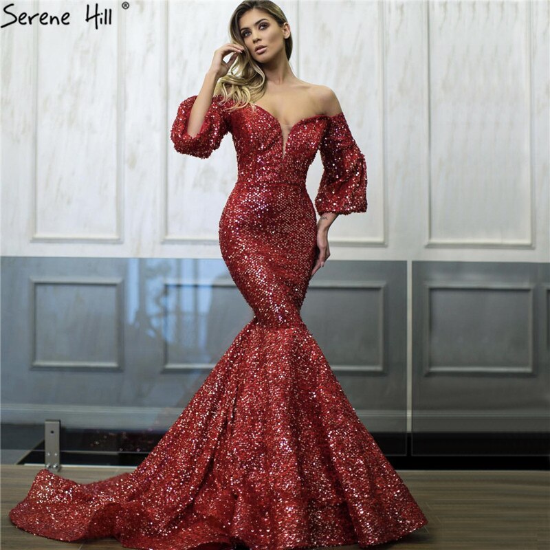 En oferta, sin devolución ni reembolso. Vestidos de noche sexys de Dubái con lentejuelas rojas y hombros descubiertos. Último diseño 2025. Vestidos de noche de lujo de manga larga estilo sirena LA60993.