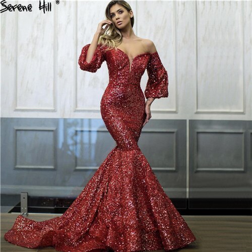 En oferta, sin devolución ni reembolso. Vestidos de noche sexys de Dubái con lentejuelas rojas y hombros descubiertos. Último diseño 2025. Vestidos de noche de lujo de manga larga estilo sirena LA60993.