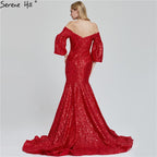 En oferta, sin devolución ni reembolso. Vestidos de noche sexys de Dubái con lentejuelas rojas y hombros descubiertos. Último diseño 2025. Vestidos de noche de lujo de manga larga estilo sirena LA60993.