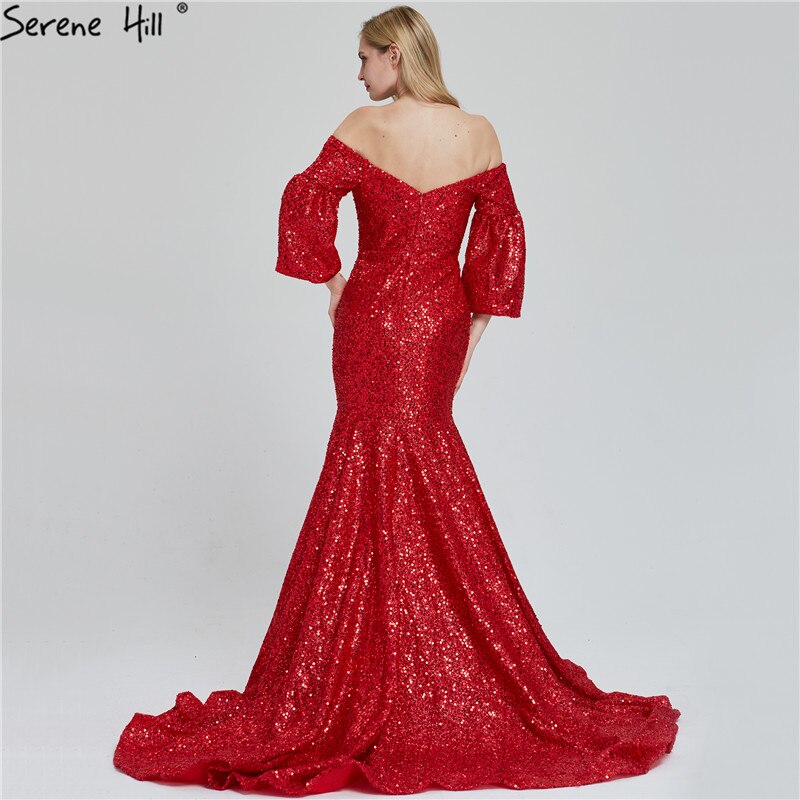 En oferta, sin devolución ni reembolso. Vestidos de noche sexys de Dubái con lentejuelas rojas y hombros descubiertos. Último diseño 2025. Vestidos de noche de lujo de manga larga estilo sirena LA60993.