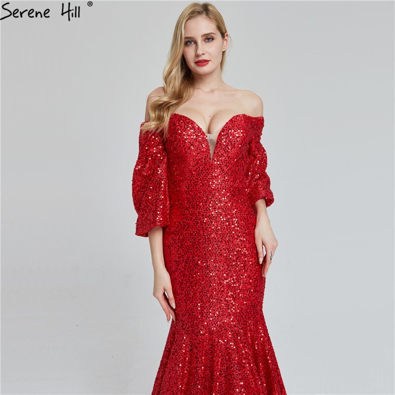 En oferta, sin devolución ni reembolso. Vestidos de noche sexys de Dubái con lentejuelas rojas y hombros descubiertos. Último diseño 2025. Vestidos de noche de lujo de manga larga estilo sirena LA60993.