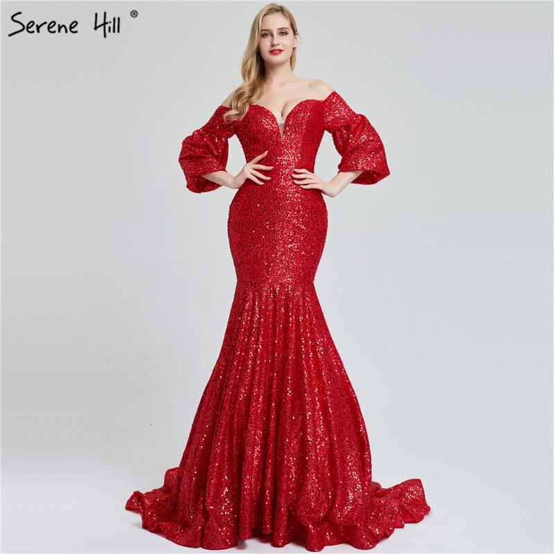 En oferta, sin devolución ni reembolso. Vestidos de noche sexys de Dubái con lentejuelas rojas y hombros descubiertos. Último diseño 2025. Vestidos de noche de lujo de manga larga estilo sirena LA60993.
