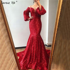 En oferta, sin devolución ni reembolso. Vestidos de noche sexys de Dubái con lentejuelas rojas y hombros descubiertos. Último diseño 2025. Vestidos de noche de lujo de manga larga estilo sirena LA60993.