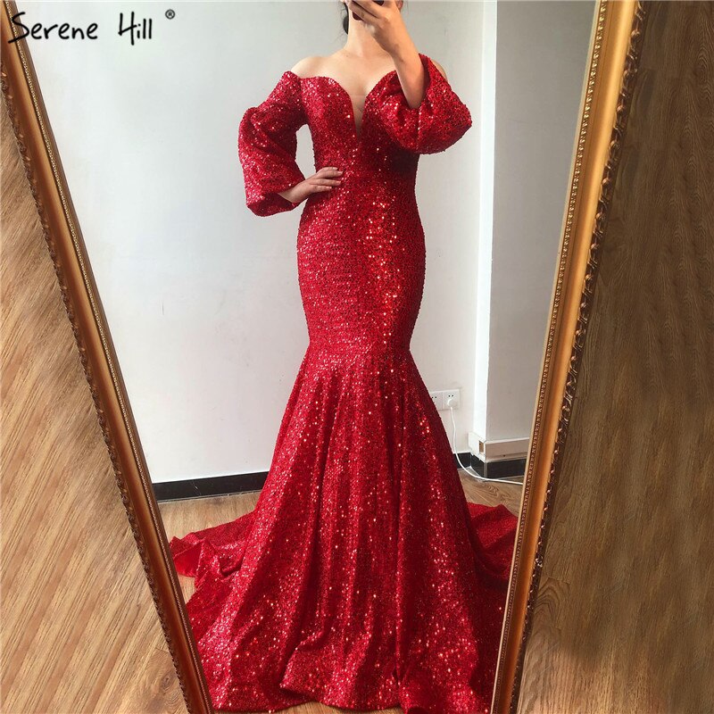 En oferta, sin devolución ni reembolso. Vestidos de noche sexys de Dubái con lentejuelas rojas y hombros descubiertos. Último diseño 2025. Vestidos de noche de lujo de manga larga estilo sirena LA60993.