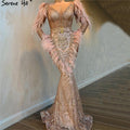 En oferta, sin devolución ni reembolso. Venta Dubai, vestido de noche sexy de sirena en oro rosa 2025, vestido formal de lujo con plumas y cuentas brillantes LA60902. 