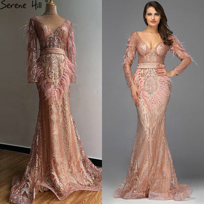 En oferta, sin devolución ni reembolso. Venta Dubai, vestido de noche sexy de sirena en oro rosa 2025, vestido formal de lujo con plumas y cuentas brillantes LA60902. 