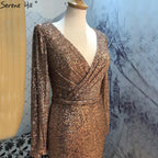 Im Angebot Keine Rückgabe Keine Rückerstattung Dubai Rose Gold Pailletten V-Ausschnitt Abendkleider 2025 Luxus Langarm Sparkle Abendkleid LA60970 