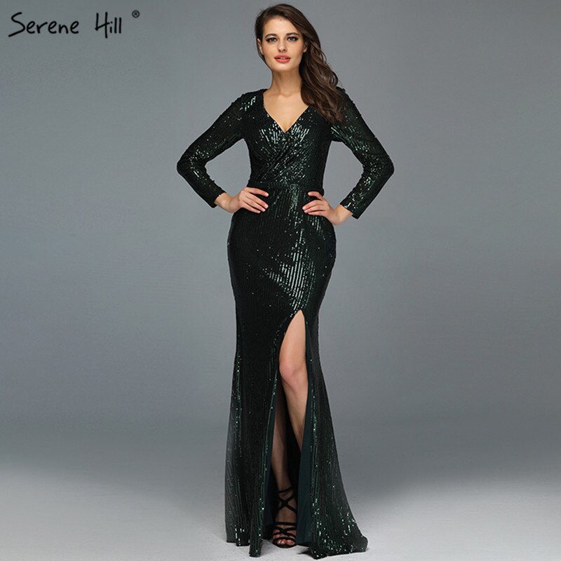 Im Angebot Keine Rückgabe Keine Rückerstattung Dubai Rose Gold Pailletten V-Ausschnitt Abendkleider 2025 Luxus Langarm Sparkle Abendkleid LA60970 