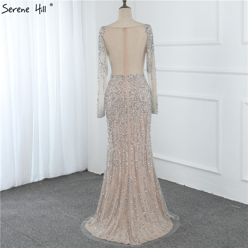 Vestido de noche estilo sirena con escote redondo, diseño 2025, de lujo, con mangas largas, lentejuelas y cuentas, LA70249