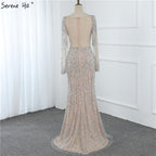 Vestido de noche estilo sirena con escote redondo, diseño 2025, de lujo, con mangas largas, lentejuelas y cuentas, LA70249