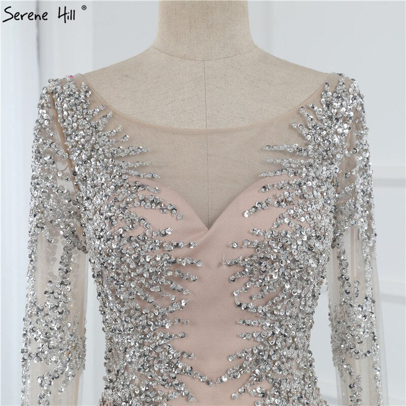 Vestido de noche estilo sirena con escote redondo, diseño 2025, de lujo, con mangas largas, lentejuelas y cuentas, LA70249