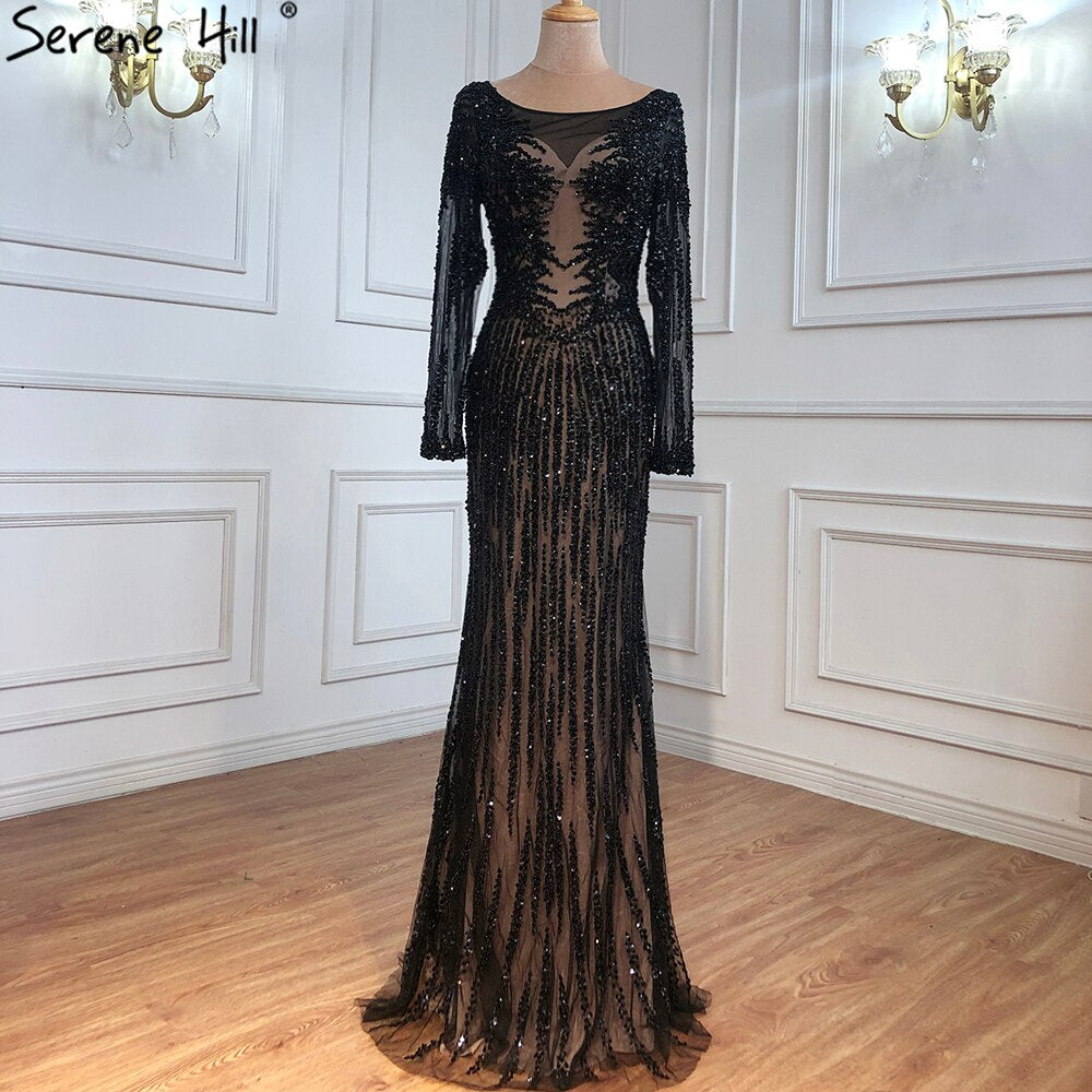 Vestido de noche estilo sirena con escote redondo, diseño 2025, de lujo, con mangas largas, lentejuelas y cuentas, LA70249