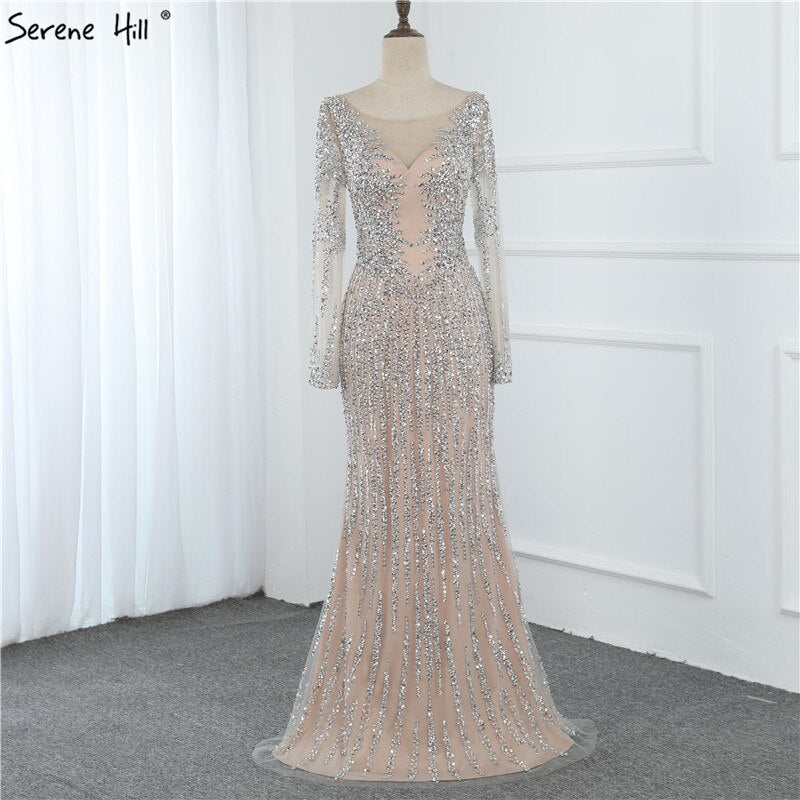 Vestido de noche estilo sirena con escote redondo, diseño 2025, de lujo, con mangas largas, lentejuelas y cuentas, LA70249