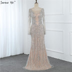 Vestido de noche estilo sirena con escote redondo, diseño 2025, de lujo, con mangas largas, lentejuelas y cuentas, LA70249