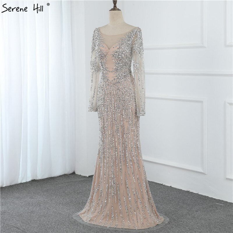Vestido de noche estilo sirena con escote redondo, diseño 2025, de lujo, con mangas largas, lentejuelas y cuentas, LA70249