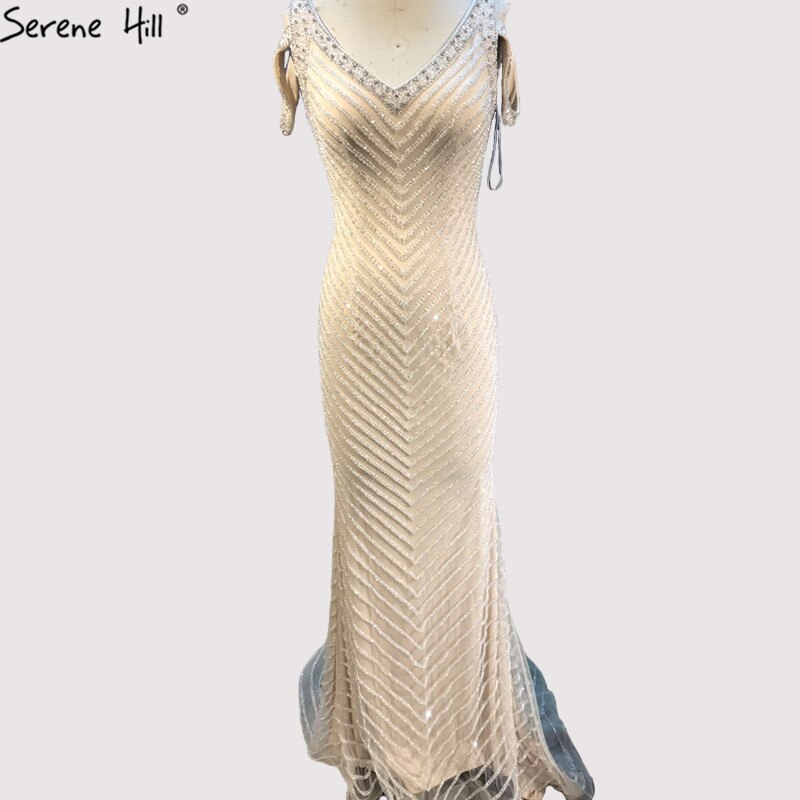Vestidos de noche de lujo sin mangas color plata de Dubái, último diseño 2025, escote en V, sexys vestidos de noche estilo sirena LA60812 