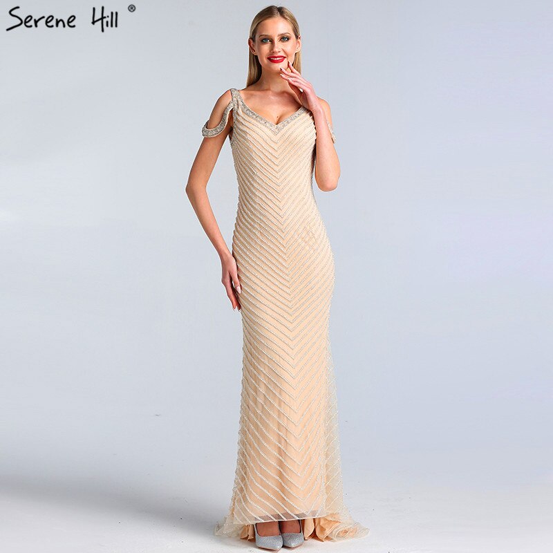 Vestidos de noche de lujo sin mangas color plata de Dubái, último diseño 2025, escote en V, sexys vestidos de noche estilo sirena LA60812 