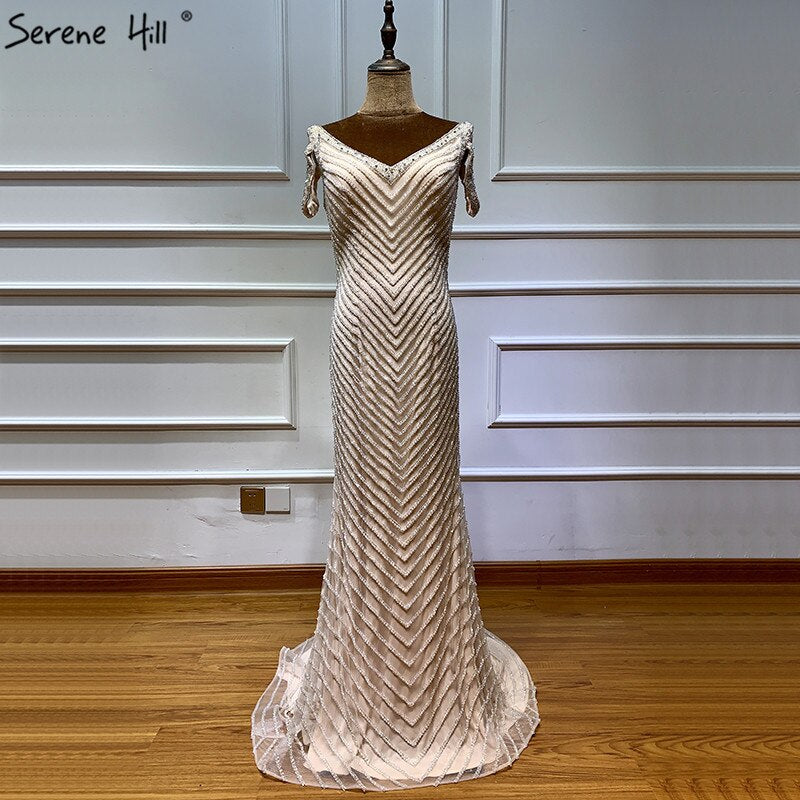 Vestidos de noche de lujo sin mangas color plata de Dubái, último diseño 2025, escote en V, sexys vestidos de noche estilo sirena LA60812 