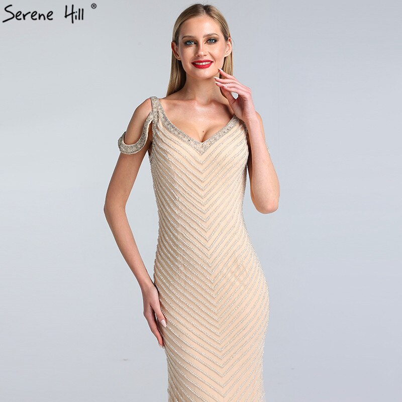 Vestidos de noche de lujo sin mangas color plata de Dubái, último diseño 2025, escote en V, sexys vestidos de noche estilo sirena LA60812 