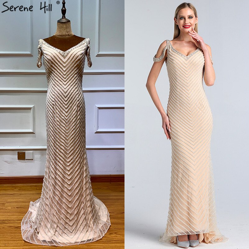 Vestidos de noche de lujo sin mangas color plata de Dubái, último diseño 2025, escote en V, sexys vestidos de noche estilo sirena LA60812 