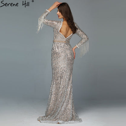 En oferta, sin devolución ni reembolso. Vestidos de noche estilo sirena con borlas y cuentas, escote en V y manga larga, de lujo, sexys, estilo Dubái, 2025, LA60770. 