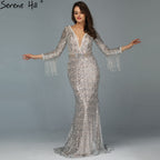 On Sale no return no refundSale Dubai Silver V-Neck Tassel Beading Mermaid Evening Dresses 2025 Long Sleeve  Luxury Sexy Evening Gowns LA60770