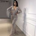 On Sale no return no refundSale Dubai Silver V-Neck Tassel Beading Mermaid Evening Dresses 2025 Long Sleeve  Luxury Sexy Evening Gowns LA60770