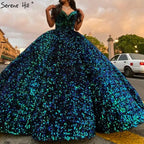 Vestidos de novia de lujo verdes sexys con escote corazón de Dubái 2025, vestidos de novia con lentejuelas y hombros descubiertos HM66991, hechos a medida 