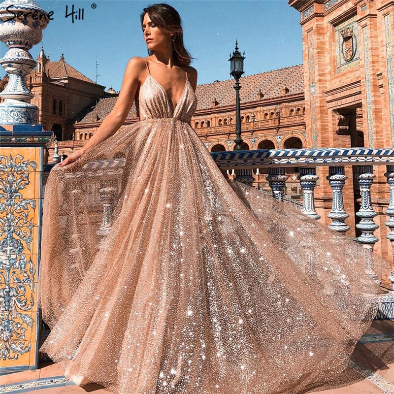 Vestidos de fiesta sexys con escote en V, espalda descubierta y purpurina, estilo vintage champán, para playa, 2025, LA60752 